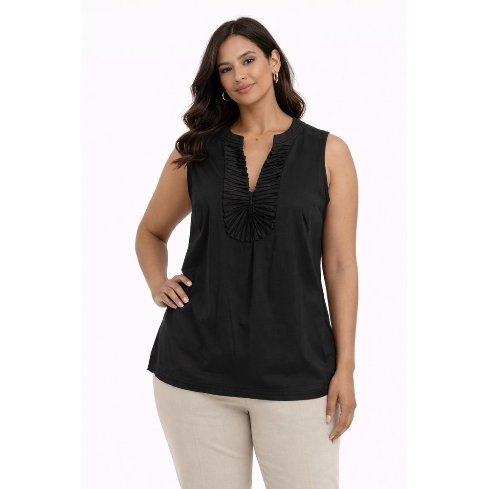 Alfani Black Sleeveless Blouse Size 14 Ruffle Neck Pleated Front Career Top